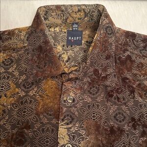 Vtg Haupt Germany Mens Large Button Front Long Sleeve Brown/Gold Patterned Shirt